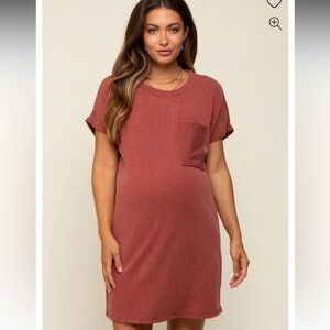 Rust Ribbed Front Pocket Dolman Short Sleeve Maternity Dress L